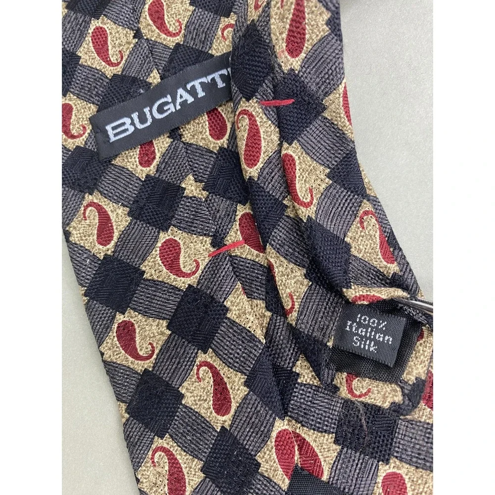 Bugatti Mens Tie Silk Paisley Checkered Black Gold Red‎ Italian Silk 59X4